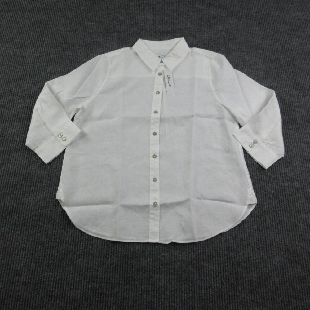 Chico's Button-Up Womens 1.5 White Linen 3/4 Sleeve Collared Non-Iron NWT